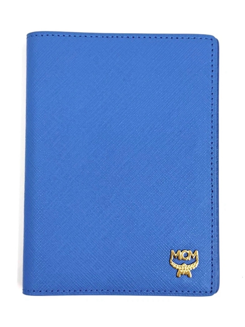 MCM Bright Blue Leather Passport Cover with Gold Logo